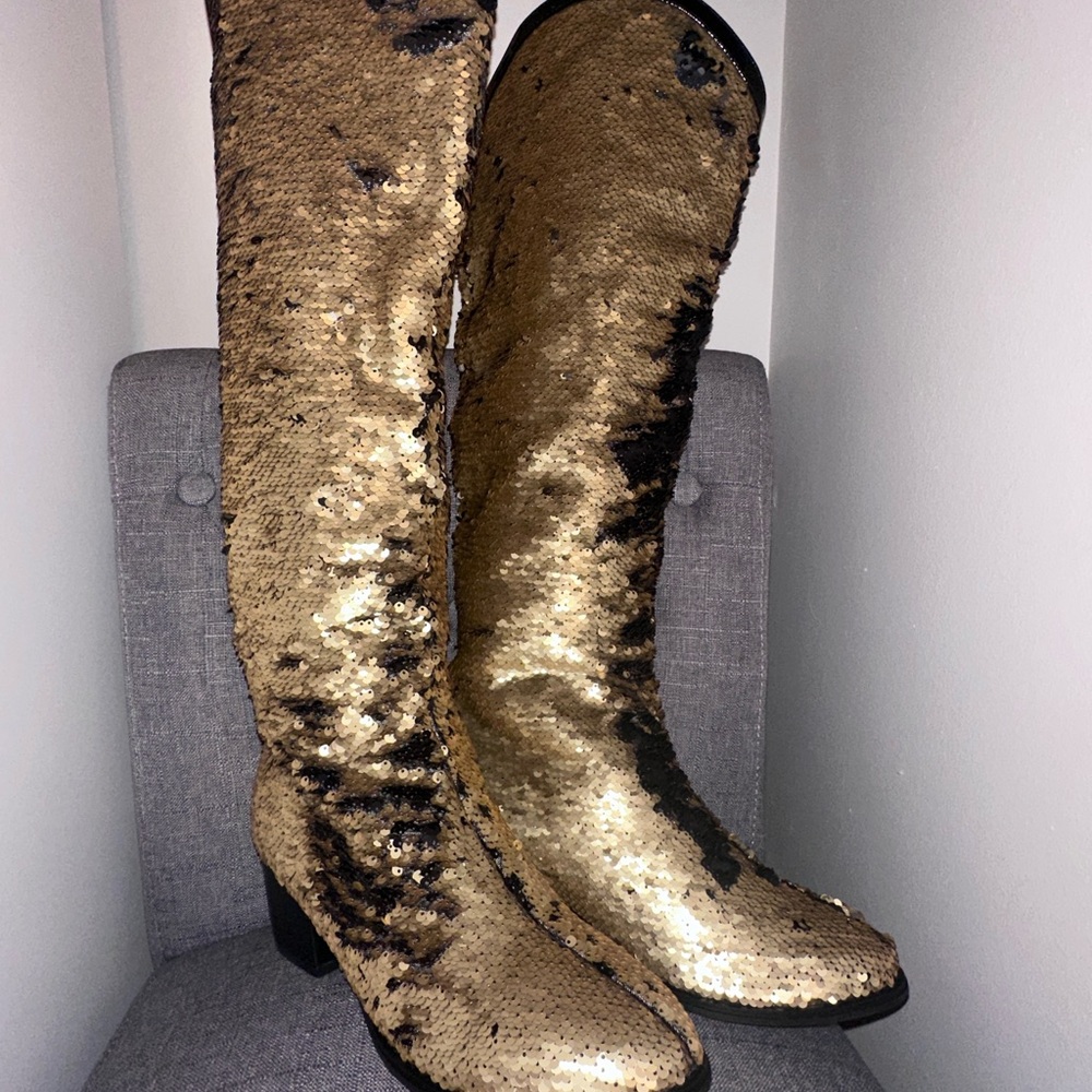 FSJ Stunning Gold and Black Interchangeable Sequin Knee Sequin Cowboy Boots!